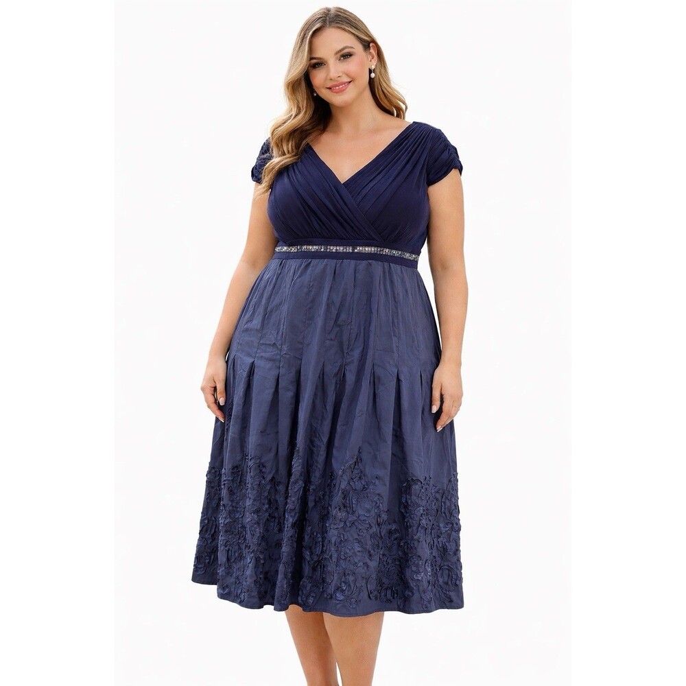 Adrianna Papell Petite Matte Jersey &Taffeta Dress Size 22W Fit &Flare Navy...